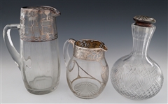 GLASS STERLING SILVER OVERLAY PITCHERS & DECANTER
