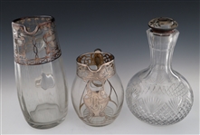 GLASS STERLING SILVER OVERLAY PITCHERS & DECANTER