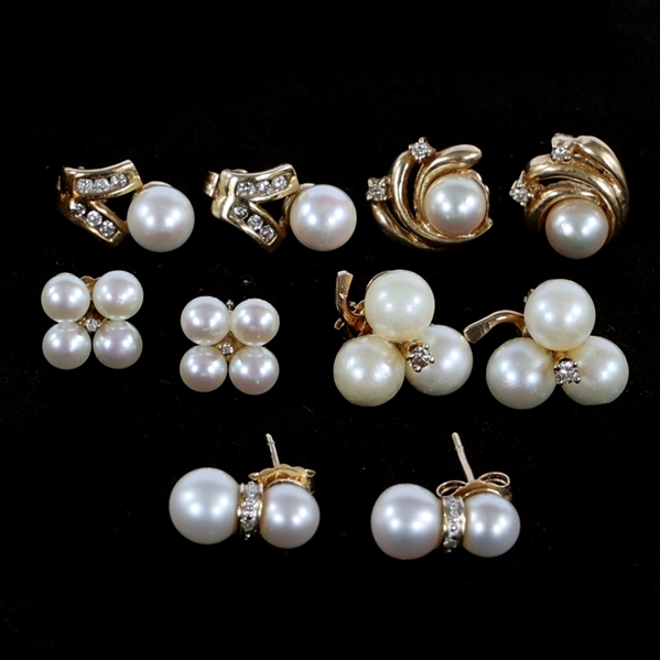 14K YELLOW GOLD PEARL & DIAMOND FASHION EARRINGS