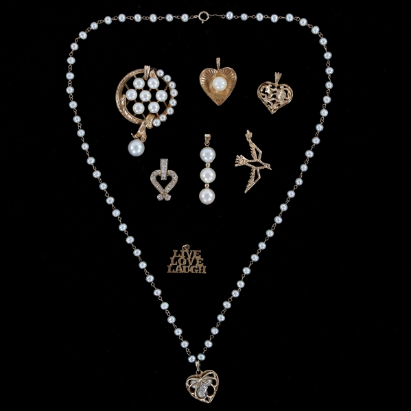 14K YELLOW GOLD PEARL & CZ PENDANTS & NECKLACE