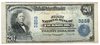 1902 $20 NATL BANK VICKSBURG, MS BANKNOTE Fr. 650