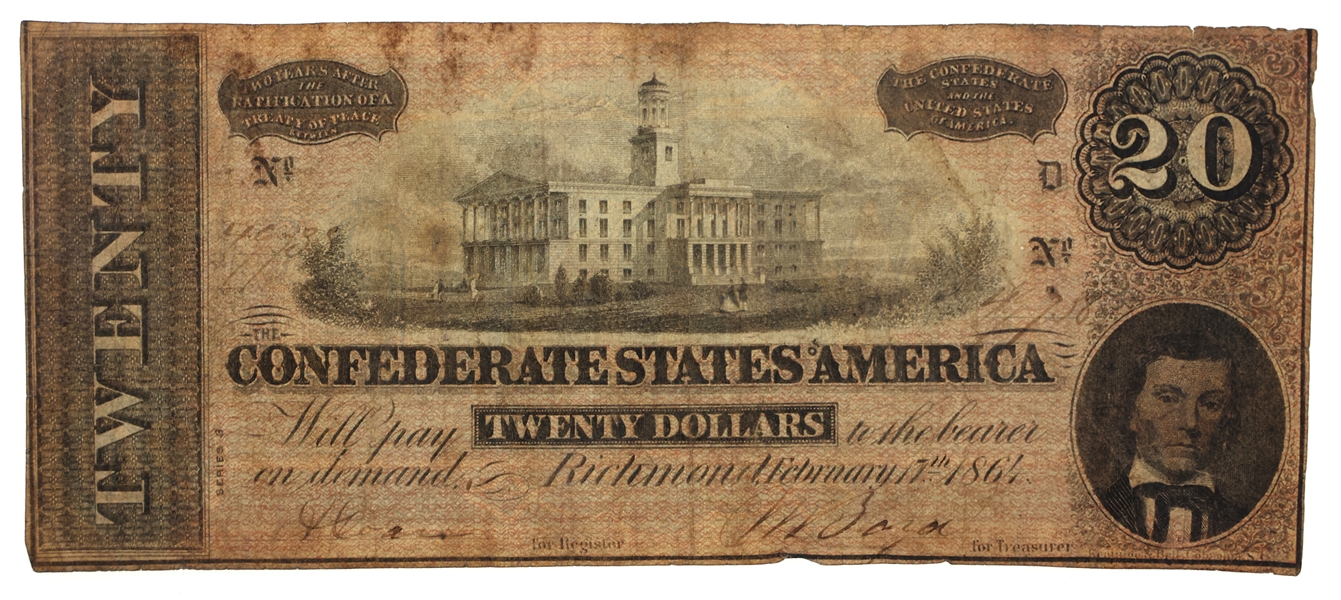 1864 $20 CONFEDERATE STATES RICHMOND VA OBSOLETE NOTE