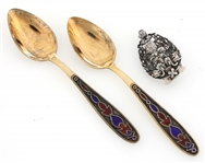 .875 RUSSIAN SILVER SPOONS & BROOCH/PENDANT