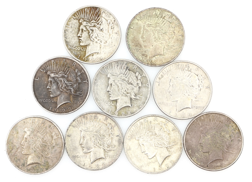 1922-1924 US SILVER PEACE DOLLAR COINS - LOT OF 9