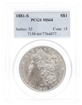 1881-S US MORGAN SILVER DOLLAR COIN PCGS MS64
