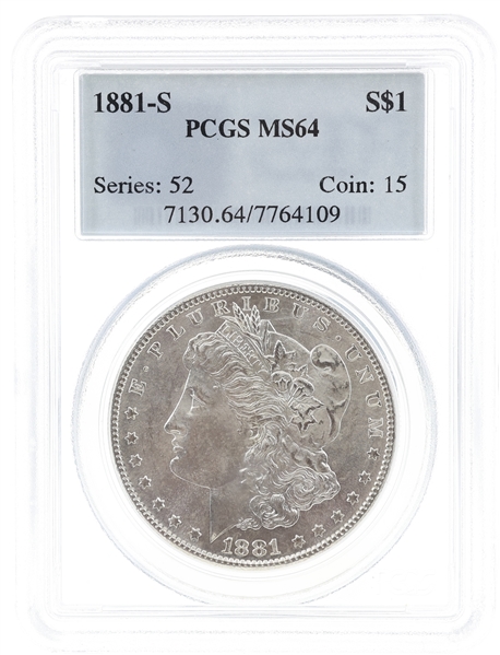 1881-S US MORGAN SILVER DOLLAR COIN PCGS MS64