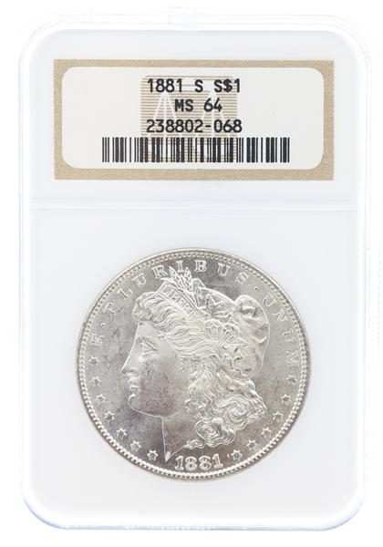 1881-S US MORGAN SILVER DOLLAR COIN NGC MS64