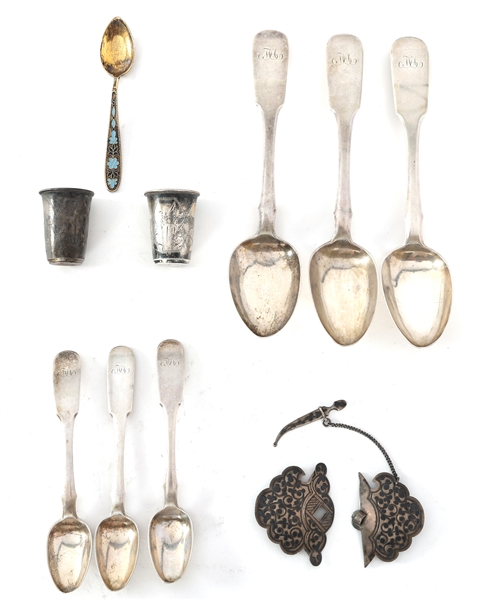 .875 RUSSIAN SILVER SPOONS, SHOT CUPS, AND BELT BUCKLE