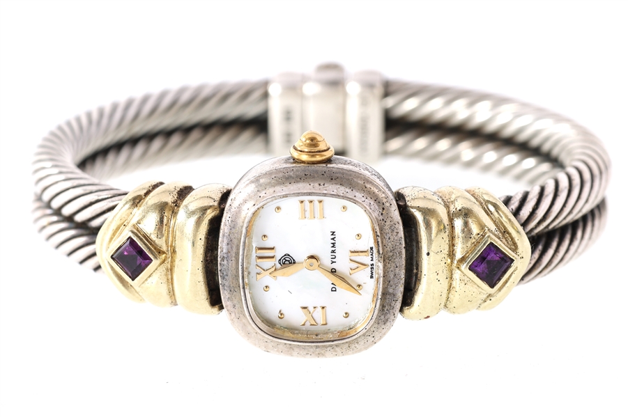 DAVID YURMAN STERLING SILVER 14K AMETHYST WRISTWATCH