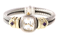 DAVID YURMAN STERLING SILVER 14K AMETHYST WRISTWATCH