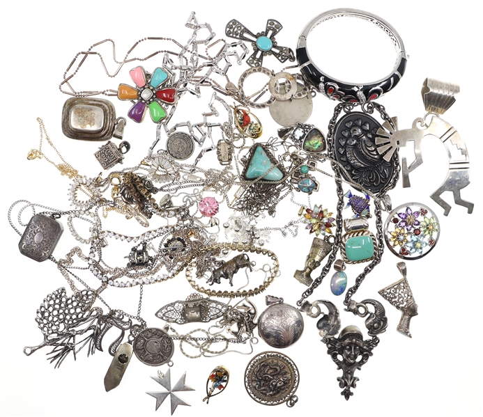 STERLING JEWELRY PENDANTS, BROOCHES, CHAINS & MORE