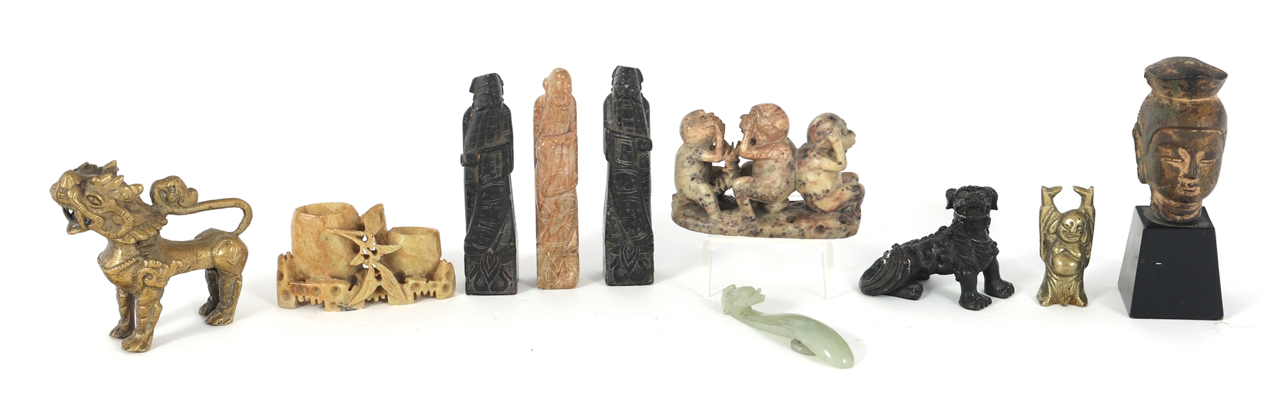 ASIAN STONE & METAL FIGURINES, JADE BUCKLE, & BUDDHA