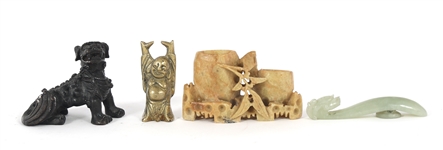 ASIAN STONE & METAL FIGURINES, JADE BUCKLE, & BUDDHA