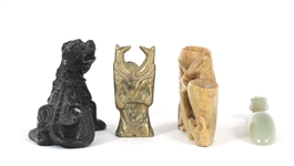 ASIAN STONE & METAL FIGURINES, JADE BUCKLE, & BUDDHA