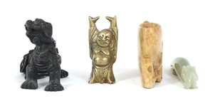 ASIAN STONE & METAL FIGURINES, JADE BUCKLE, & BUDDHA