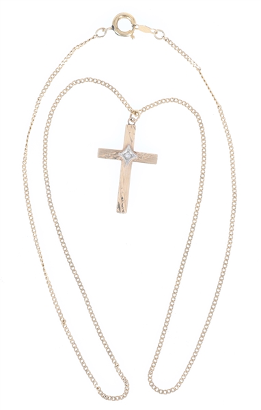 14K YELLOW GOLD DIAMOND CROSS PENDANT NECKLACE 