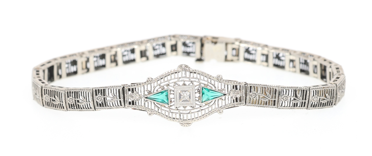 ART DECO 10K GOLD DIAMOND EMERALD FILIGREE BRACELET
