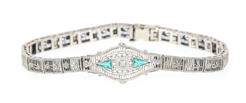ART DECO 10K GOLD DIAMOND EMERALD FILIGREE BRACELET