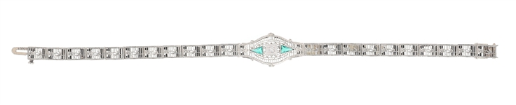 ART DECO 10K GOLD DIAMOND EMERALD FILIGREE BRACELET