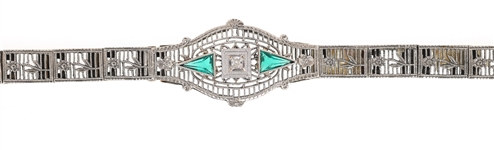 ART DECO 10K GOLD DIAMOND EMERALD FILIGREE BRACELET