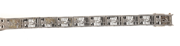 ART DECO 10K GOLD DIAMOND EMERALD FILIGREE BRACELET