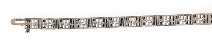 ART DECO 10K GOLD DIAMOND EMERALD FILIGREE BRACELET