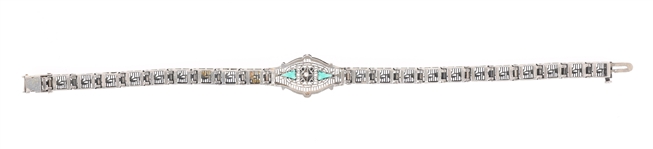 ART DECO 10K GOLD DIAMOND EMERALD FILIGREE BRACELET