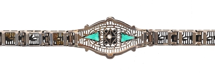 ART DECO 10K GOLD DIAMOND EMERALD FILIGREE BRACELET