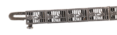 ART DECO 10K GOLD DIAMOND EMERALD FILIGREE BRACELET