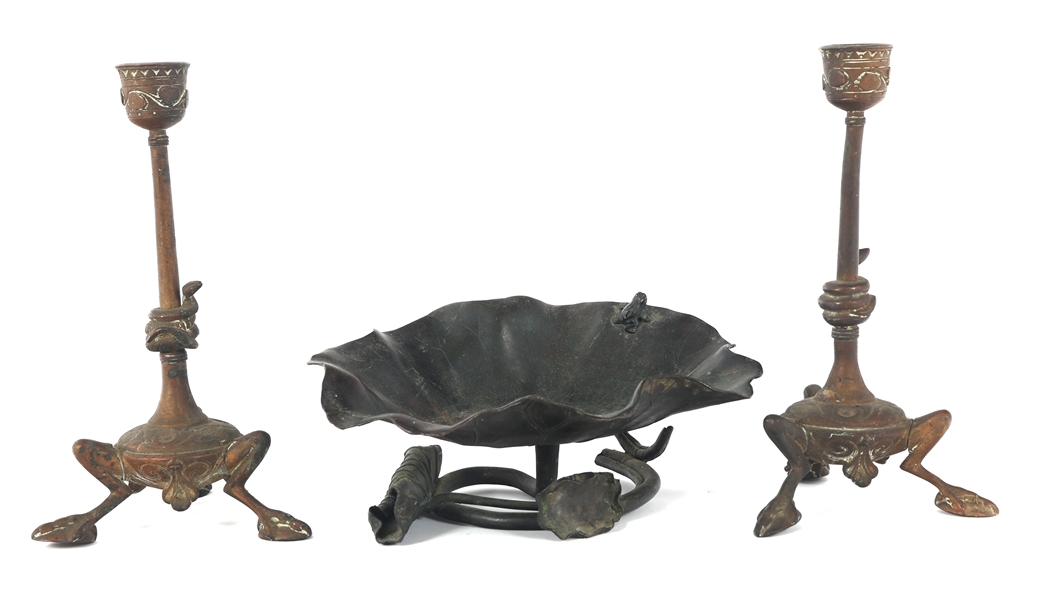 ART NOUVEAU BRASS CANDLESTICKS & BRONZE LILY DISH