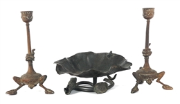 ART NOUVEAU BRASS CANDLESTICKS & BRONZE LILY DISH