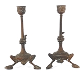 ART NOUVEAU BRASS CANDLESTICKS & BRONZE LILY DISH