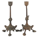 ART NOUVEAU BRASS CANDLESTICKS & BRONZE LILY DISH