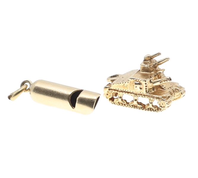 10K YELLOW GOLD CHARMS - MILITARY TANK & WHISTLE