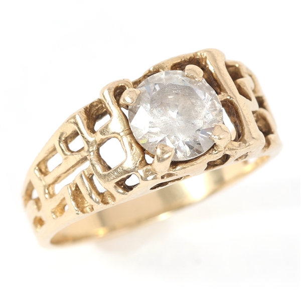 MENS 14K YELLOW GOLD NUGGET DESIGN CUBIC ZIRCONIA RING