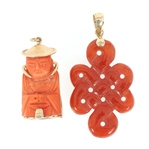 14K YELLOW GOLD CORAL & CARNELIAN PENDANTS
