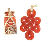 14K YELLOW GOLD CORAL & CARNELIAN PENDANTS