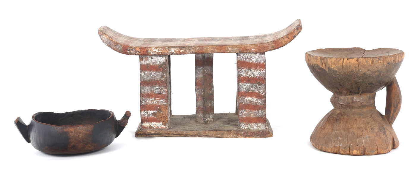 AFRICAN CARVED WOOD STOOLS & BOWL