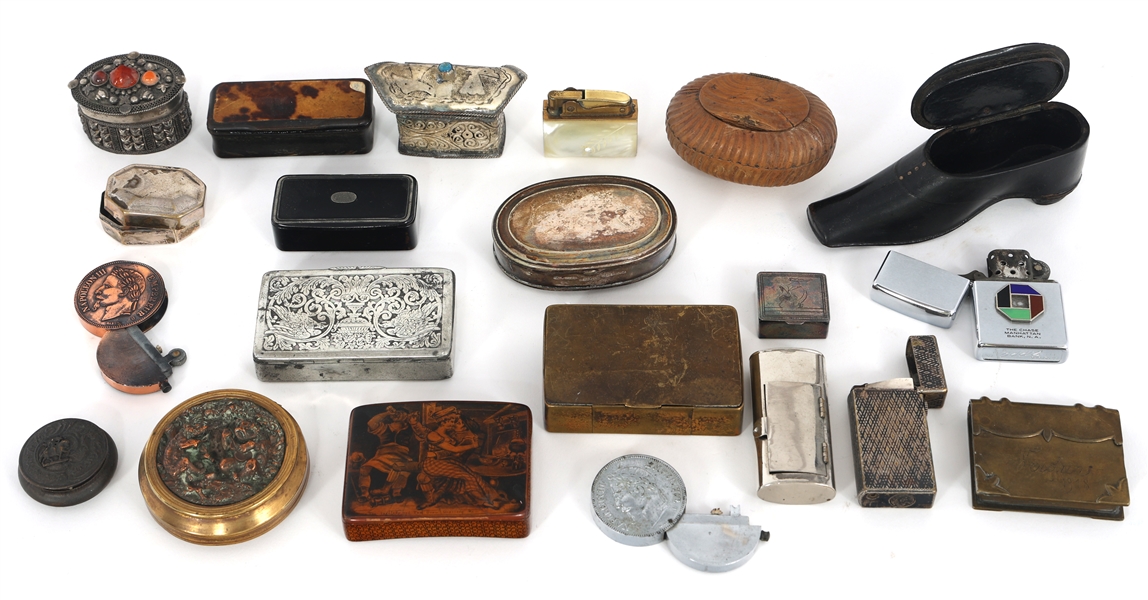 SNUFF BOXES & LIGHTERS - WOOD, BRASS, NICKEL