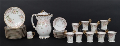 T&V LIMOGES PORCELAIN TEA SET - TEAPOT, CUPS, SAUCERS