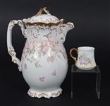 T&V LIMOGES PORCELAIN TEA SET - TEAPOT, CUPS, SAUCERS