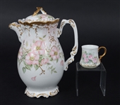 T&V LIMOGES PORCELAIN TEA SET - TEAPOT, CUPS, SAUCERS