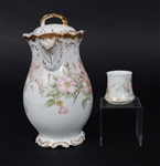 T&V LIMOGES PORCELAIN TEA SET - TEAPOT, CUPS, SAUCERS