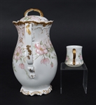 T&V LIMOGES PORCELAIN TEA SET - TEAPOT, CUPS, SAUCERS