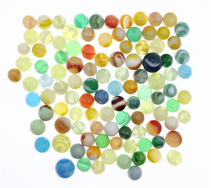 EARLY 20th C. GLASS MARBLES - SLAG, UV, CLEARIES & MORE