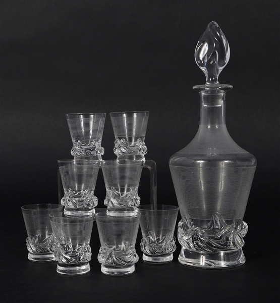 DAUM CRYSTAL SORCY PATTERN DECANTER & SHOT GLASSES