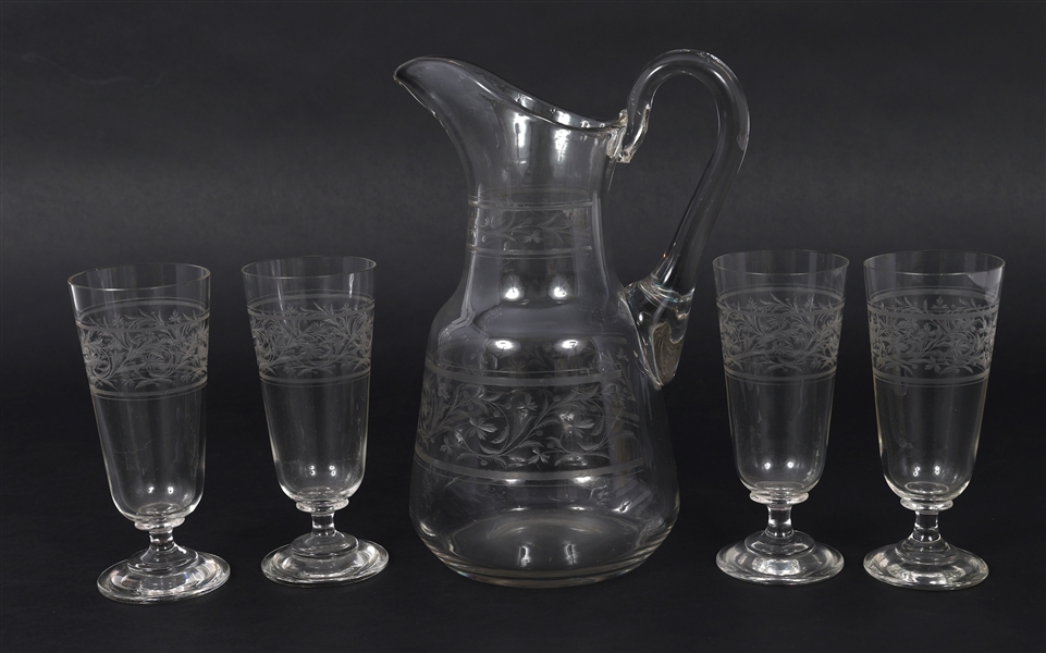 ETCHED CRYSTAL WATER PITCHER & GLASSES