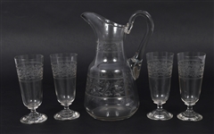 ETCHED CRYSTAL WATER PITCHER & GLASSES