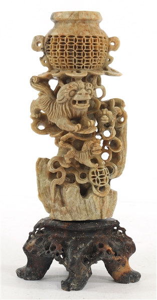 CHINESE CARVED SOFTSTONE FOO DOG STATUETTE
