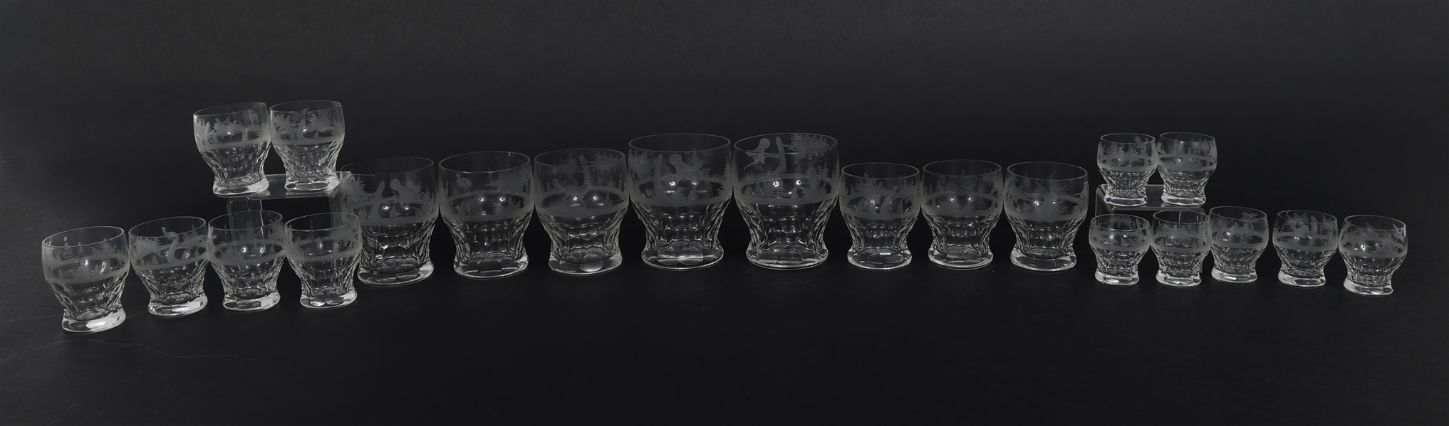 ETCHED CRYSTAL FOREST SCENE LIQUOR & CORDIAL GLASSES